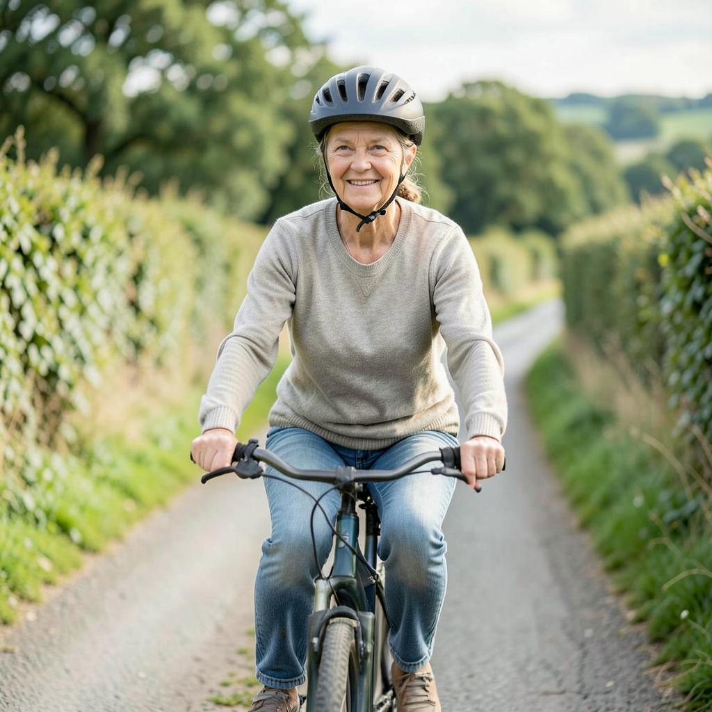 A woman in her fifties enjoying a gentle bike ride on a quiet country lane