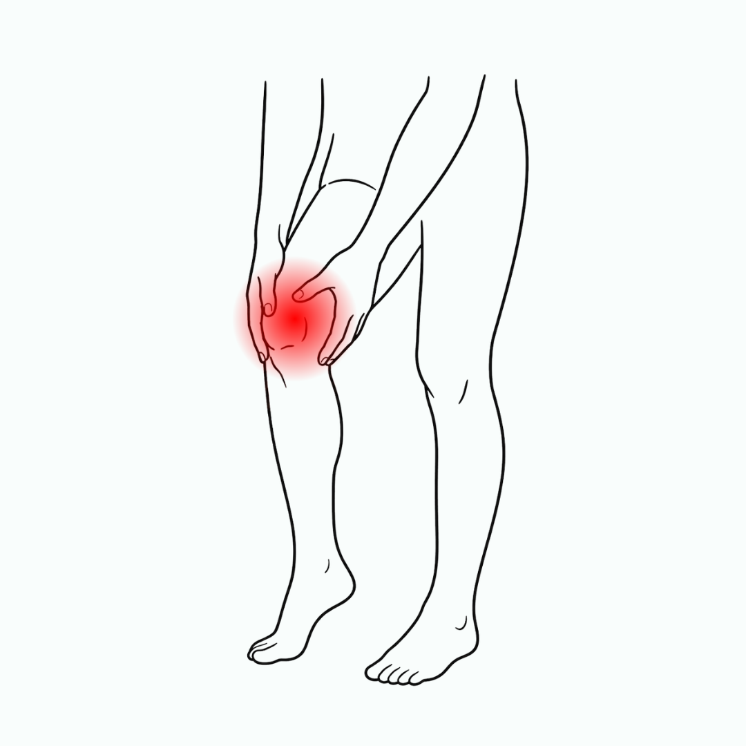 Line illustration of legs holding a knee with a soft red pain glow