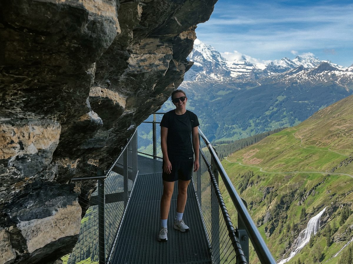 Kim on a mountain walkway in the Swiss Alps
