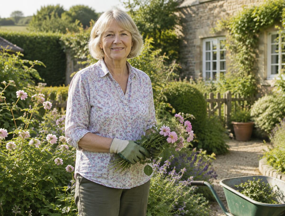 Woman in her fifties gardening comfortably in a sunlit garden